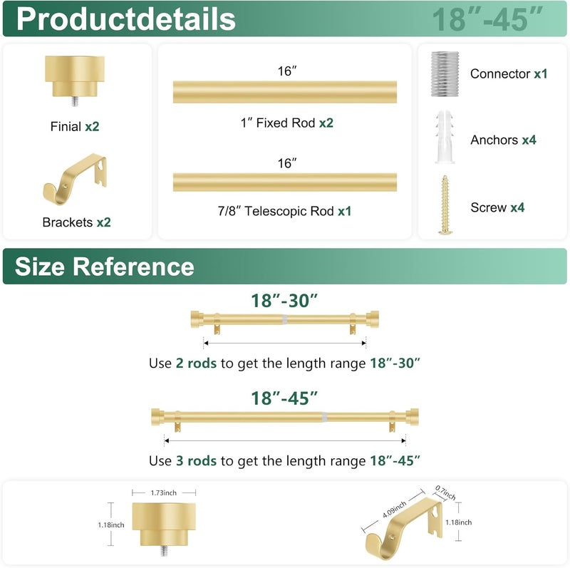 hei! dear Gold Curtain Rods 28 to 48 Inch(2.3-4FT),1 Inch Heavy Duty Curtain Rods,Adjustable Curtain Rod Set,Modern Decorative Drapery Rods,Telescoping Single Window Curtains Rods 18-45'',Brass Gold - Image 5